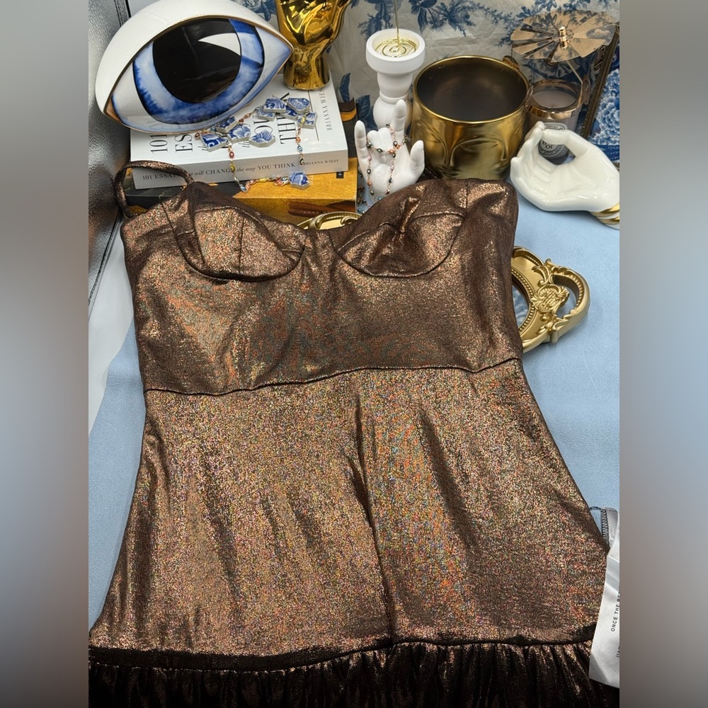 🆕 DRESS THE POPULATION 🧿 NWT Arden Fit and Flare Mini Dress, Brown Bronze Sz M - Picture 13 of 17